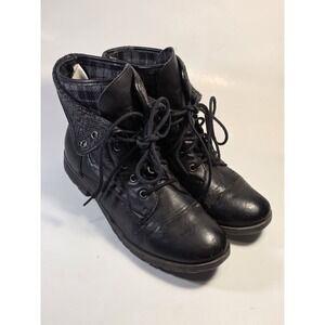 Rock & Candy Womens 9.5 Faux Leather Ankle Combat Boots Black Lace Up Work Shoes
